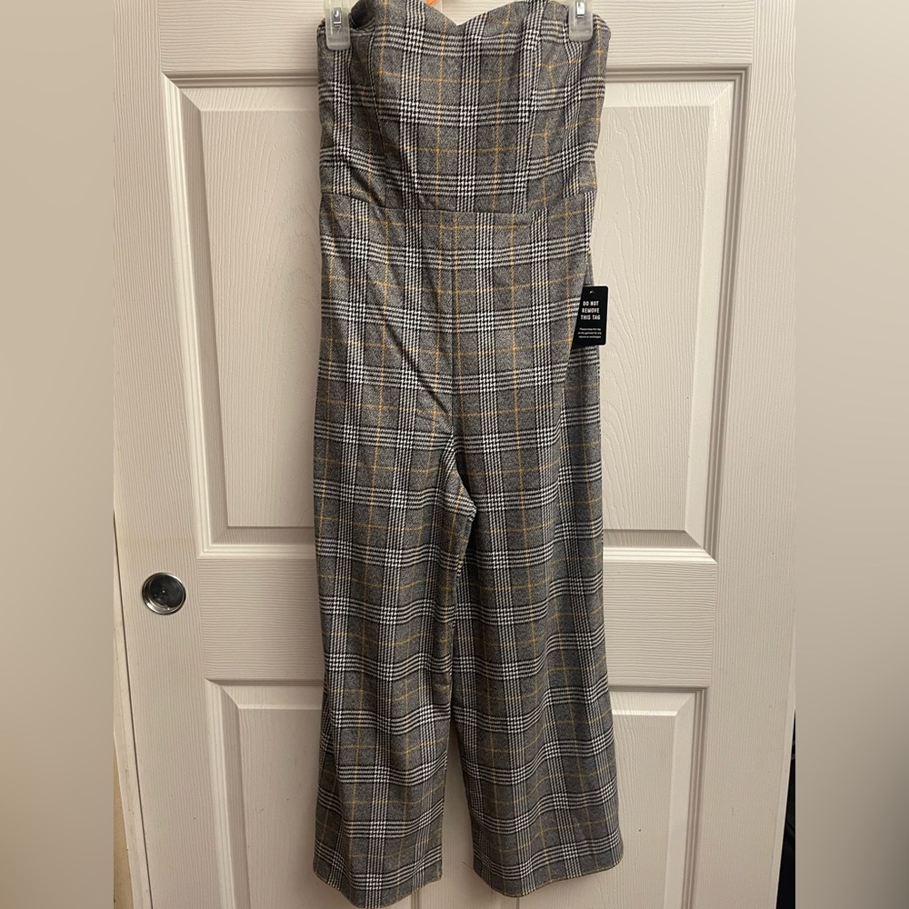 Express Plaid Wide Leg Bustier Jumpsuit - Gray and Tan